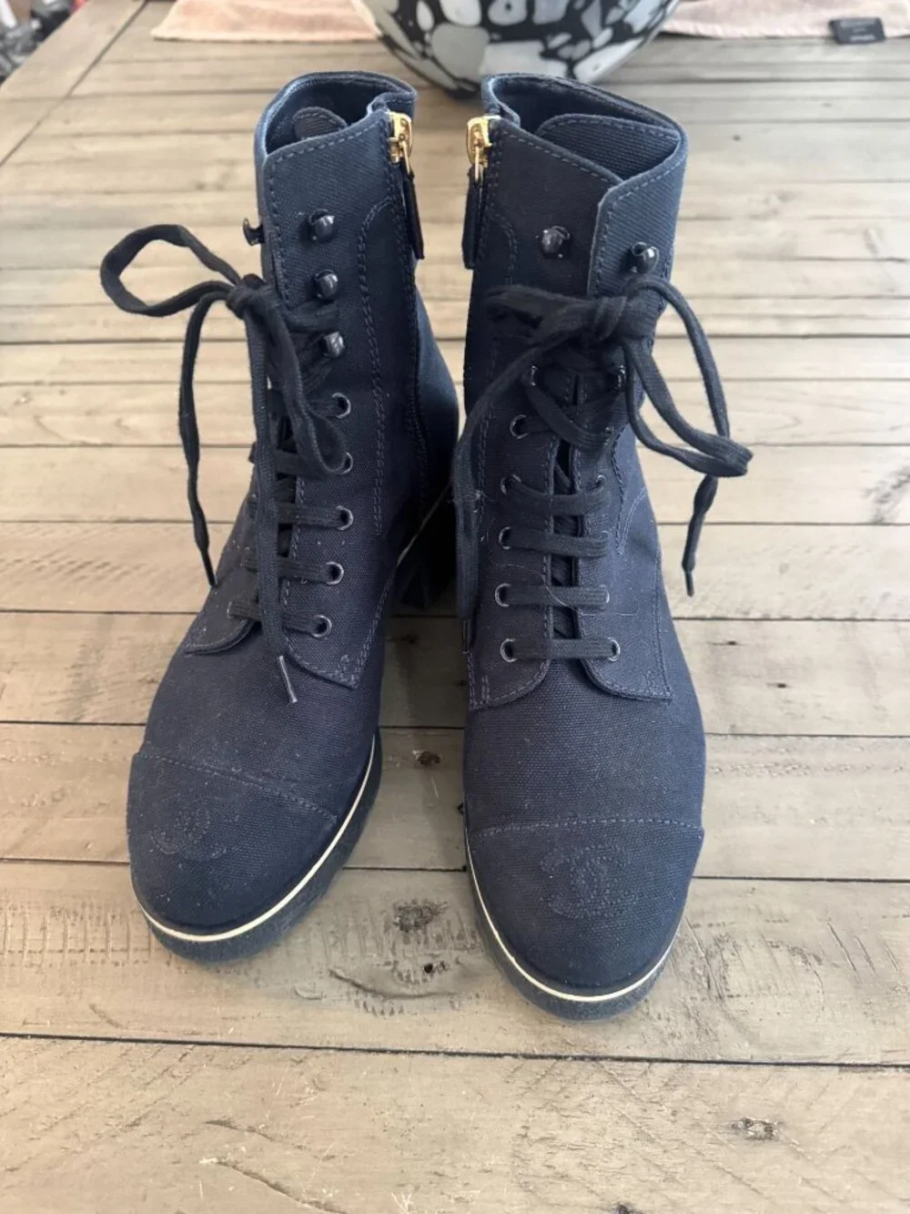 CHANEL Interlocking CC Logo Combat Boots Navy Blue Size 37.5